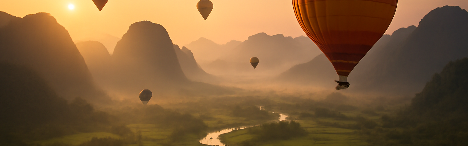 Balon udara terbang di atas pegunungan kapur Vang Vieng saat matahari terbit
