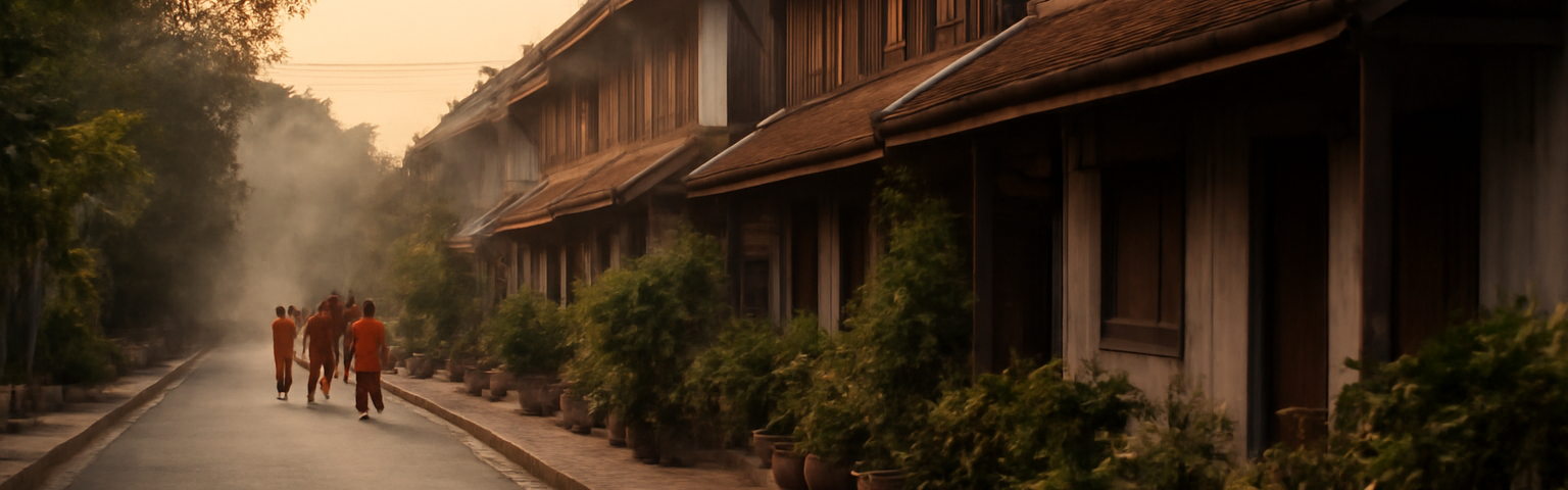 Jalan pagi di Luang Prabang dengan rumah kayu dan tanaman di pinggir trotoar