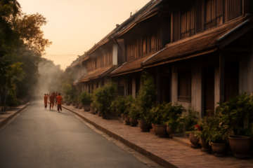 Jalan pagi di Luang Prabang dengan rumah kayu dan tanaman di pinggir trotoar