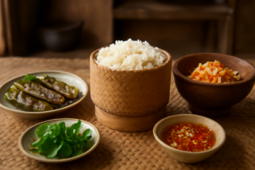 Beras ketan dalam keranjang bambu dan aneka lauk tradisional Laos di atas tikar anyaman