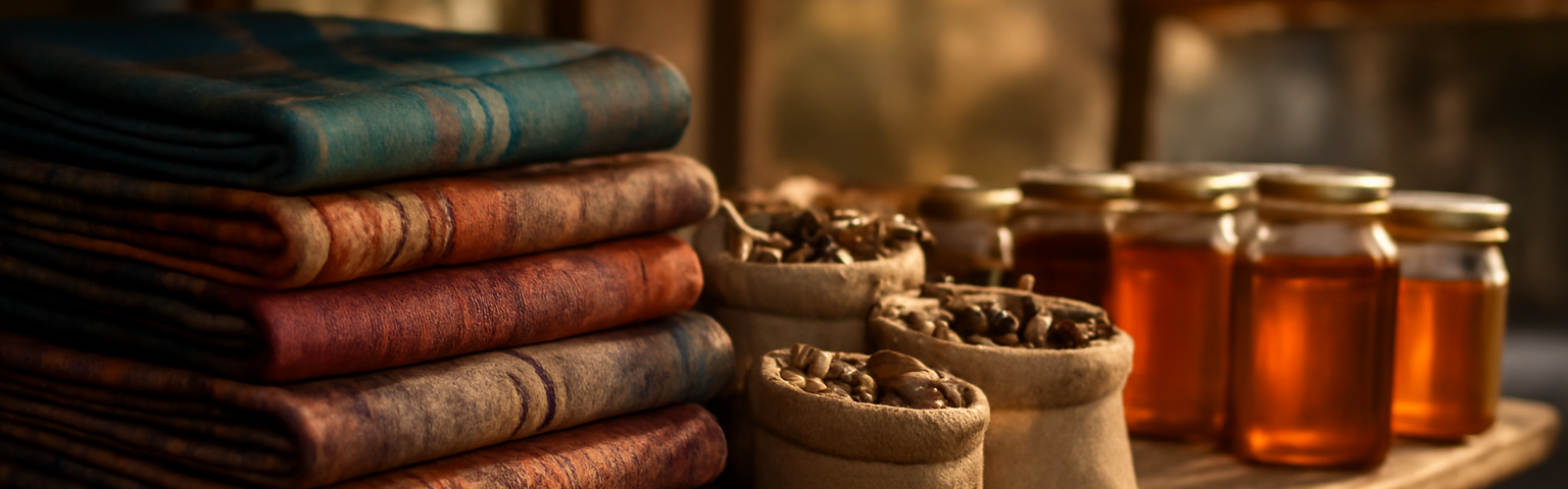 Aneka oleh-oleh khas Laos di pasar tradisional Luang Prabang seperti kain tenun, kopi, dan madu