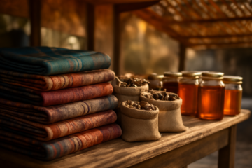 Aneka oleh-oleh khas Laos di pasar tradisional Luang Prabang seperti kain tenun, kopi, dan madu