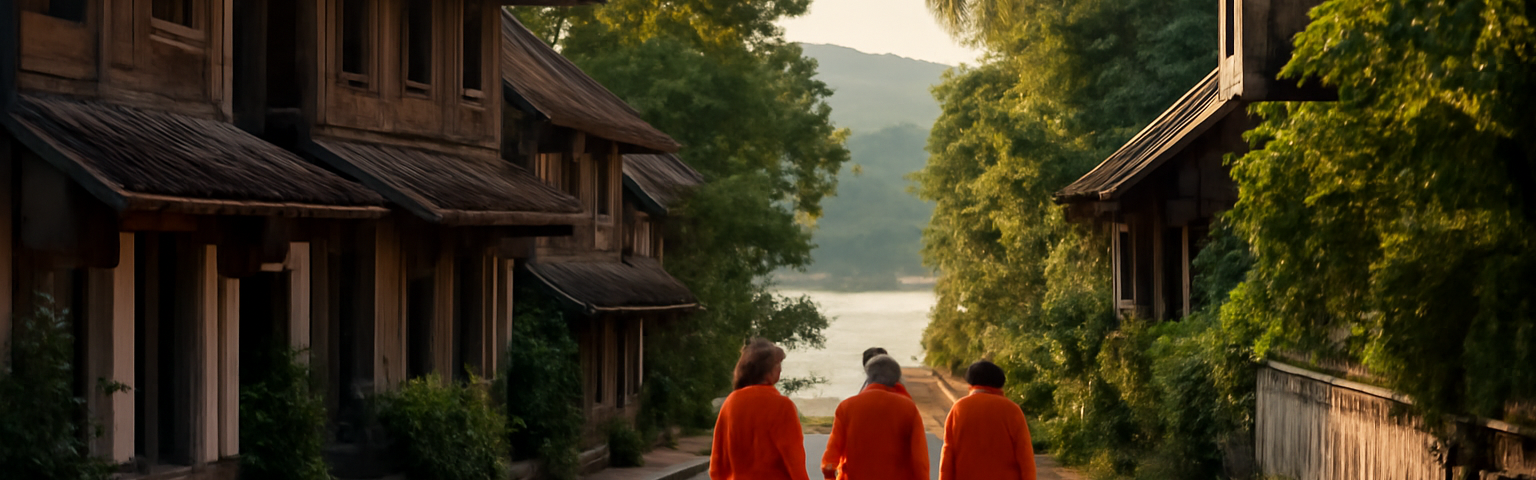 Suasana pagi di Luang Prabang dengan rumah kayu tradisional dan pohon tropis