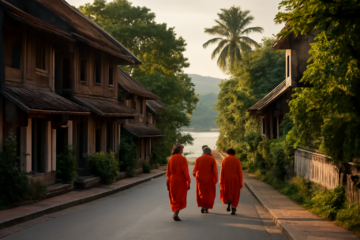 Suasana pagi di Luang Prabang dengan rumah kayu tradisional dan pohon tropis