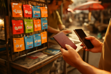 Konter penjualan sim card di pasar jalanan Laos dengan paket data untuk turis