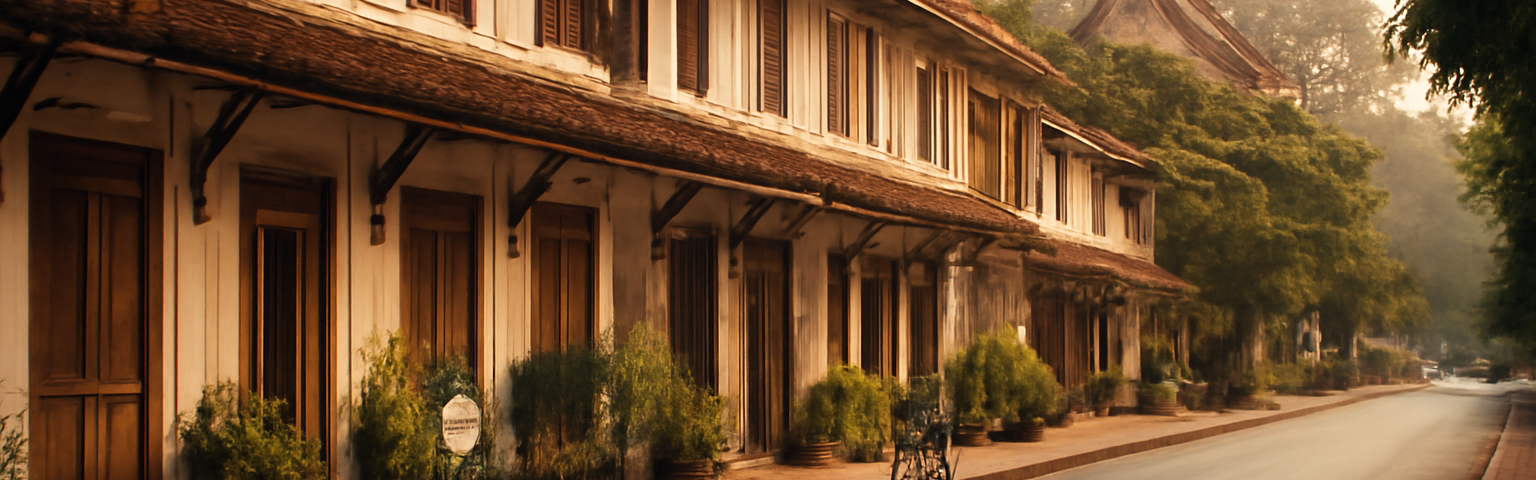 Suasana jalan tenang di Luang Prabang, Laos, dengan bangunan kayu dan sepeda terparkir