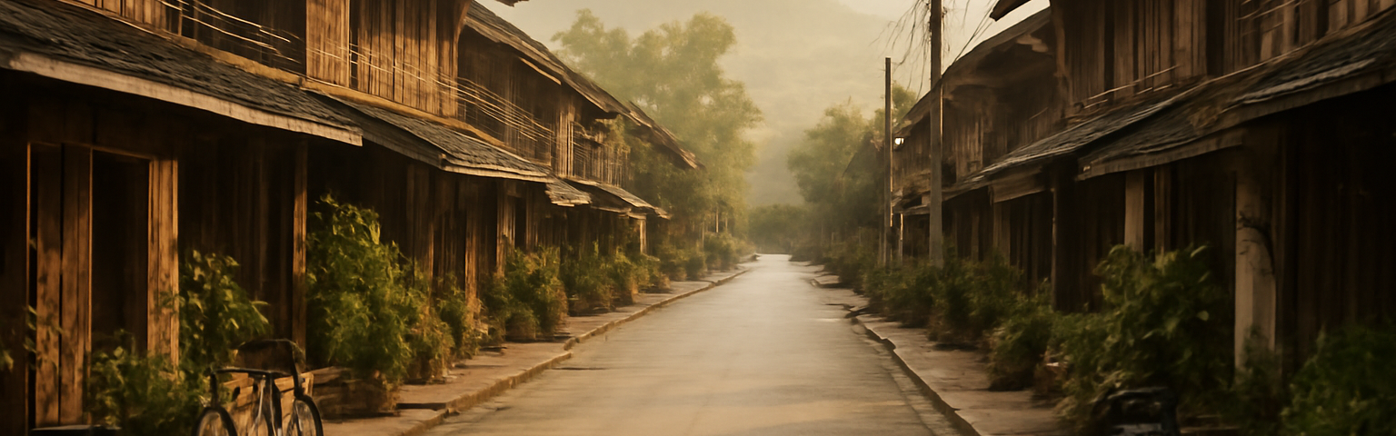 Suasana jalan pagi di kota kecil Laos dengan rumah kayu dan pegunungan hijau di kejauhan