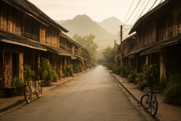 Suasana jalan pagi di kota kecil Laos dengan rumah kayu dan pegunungan hijau di kejauhan