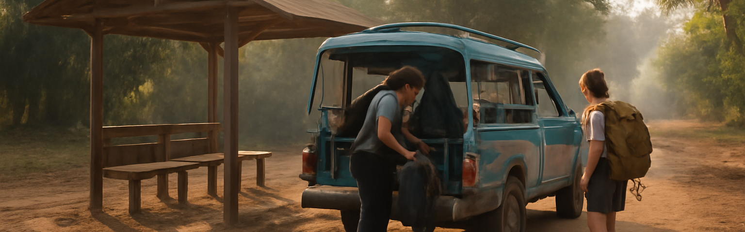 Terminal bus di Laos dengan songthaew dan penumpang membawa tas