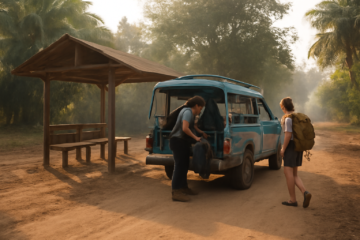 Terminal bus di Laos dengan songthaew dan penumpang membawa tas
