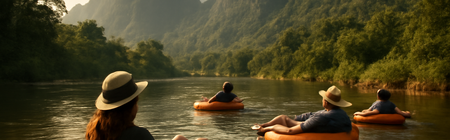 Wisatawan tubing di Sungai Nam Song Vang Vieng dengan latar pegunungan kapur hijau