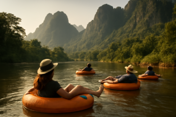 Wisatawan tubing di Sungai Nam Song Vang Vieng dengan latar pegunungan kapur hijau