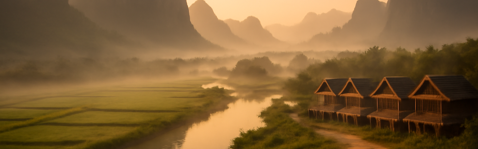 Pemandangan bukit karst dan Sungai Nam Song di Vang Vieng, Laos, saat pagi berkabut