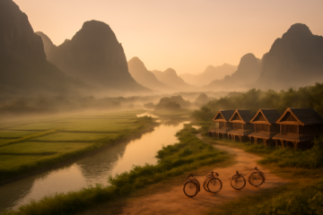Pemandangan bukit karst dan Sungai Nam Song di Vang Vieng, Laos, saat pagi berkabut